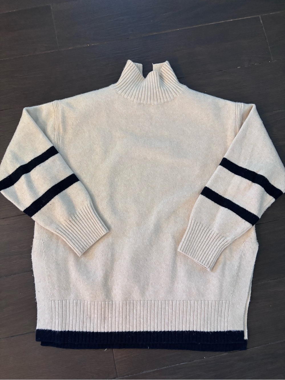 Women’s Cream Mock Neck Sweater with Navy Stripe Detail